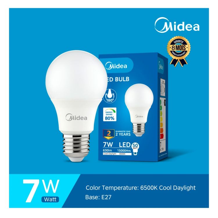 Ampoule LED 7W Prix - Midea Série A-E27 - 6500K - Couleur Blanc Froid| Glotelho Cameroun