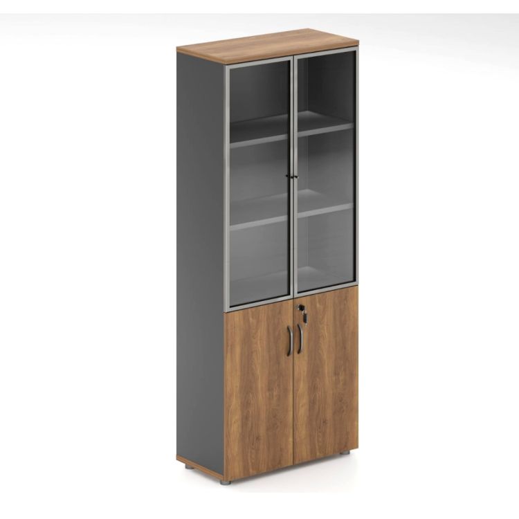 Armoire de Rangement en bois - Porte vitrée et cadre en aluminium   - 198 x80x40 cm - 2 colonnes - STL-2D - Marron - Livrée non montée