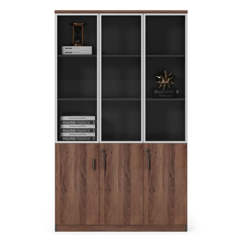 Armoire de Rangement en bois - Porte vitrée et cadre en aluminium - H 198 x L 120 x P 40 cm - 3 colonnes - STL-3D - Marron - Livrée non Montée