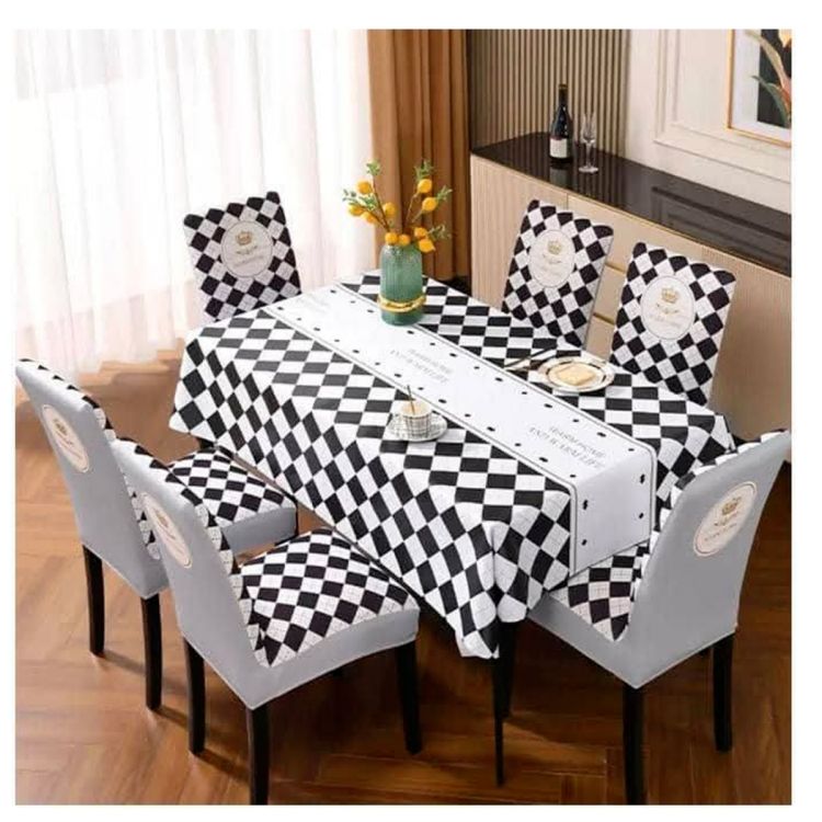 Ensemble de 6 housses de chaises + une nappe de table de salle à manger en polyester -  152cm × 228cm - Blanc et Noir