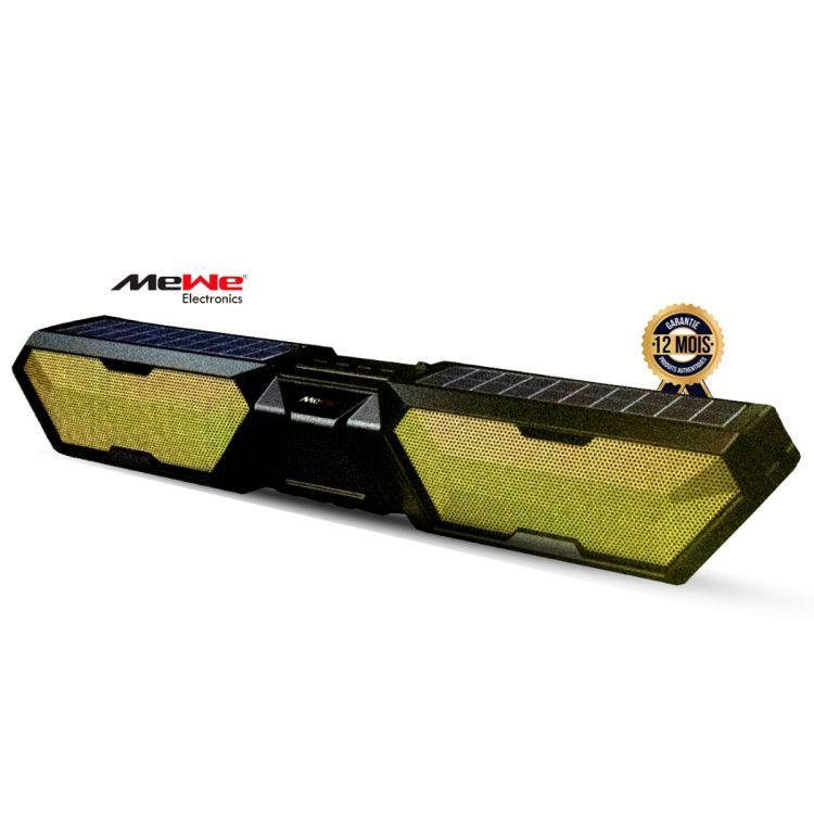 Baffle Sans Fil Solaire MEWE MWAUD-BTS03Y, noir et jaune, avec double panneau solaire, garantie 12 mois.