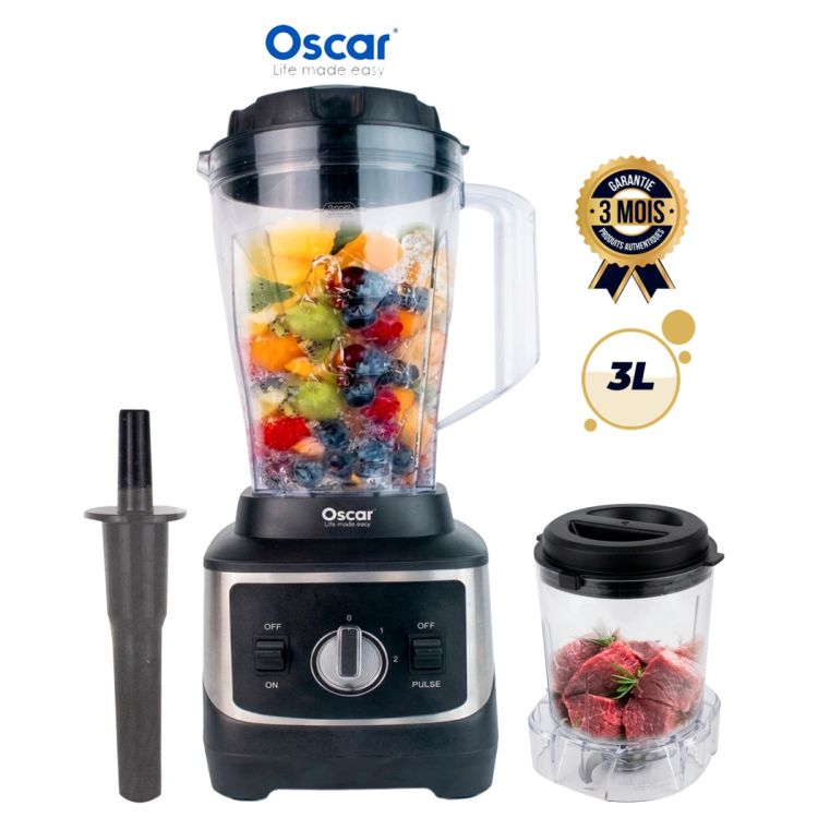 Blender Électrique Haute Puissance - OSCAR (OSC-40PS) - 1500W - Bol Plastique Incassable 3L - 2 Vitesses et Fonction Pulse - Moteur Cuivre Haute Qualité - Fonction Pileur de Glace - Noir/Inox - 3 mois de garantie