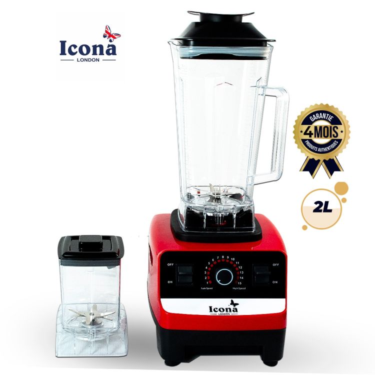 Blender 2-en-1 ICONA LONDON 1000W - ILB-1000T - Mixeur 2L avec Moulin à Épices Inclus - 15 Vitesses + Fonction Pulse - Lames Inox - Bols Plastique - Rouge/Noir - Garantie 4 mois