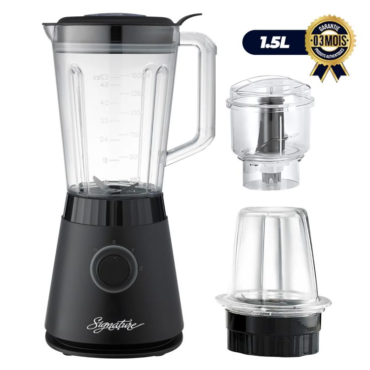 Blender 3-en-1 Multifonction - Signature BL822 - 600 W - Bol 1,5 Litres Incassable - 2 Vitesses + Pulse - Grinder + Chopper - Lames Inox - Garantie 3 Mois