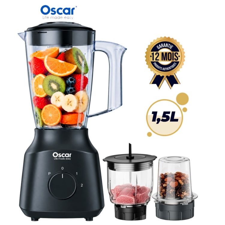 Blender 3 en 1 - OSCAR - OSC-39PP-B - 350W - Bol Plastique Incassable 1.5L - Broyeur & Hachoir Inclus - 2 Vitesses & Pulse - Lames Inox - Garantie 03 mois