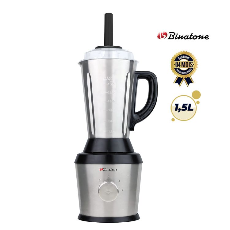 Blender BINATONE 1.5L 500W avec Bol Sec – BLG-605SS – Fonction Glace Pilée – 2 Vitesses + Pulse – 6 Lames Inox – Bol Inox – Argent – Garantie 4 Mois