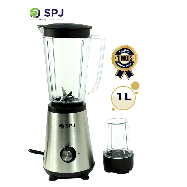 Blender Smoothie & Jus SPJ – 350W – 1L + 1 Bol à Sec – BDX-SS350W – 2 Vitesses + Pulse – Bols en Plastique – Argent/noir – Garantie 1 mois