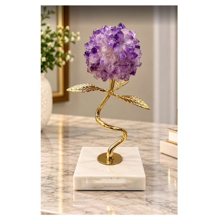 Décoration en Pierre Naturelle – Bouquet de Fleurs en Améthyste Violette avec Socle en Marbre Blanc et Tige en Laiton