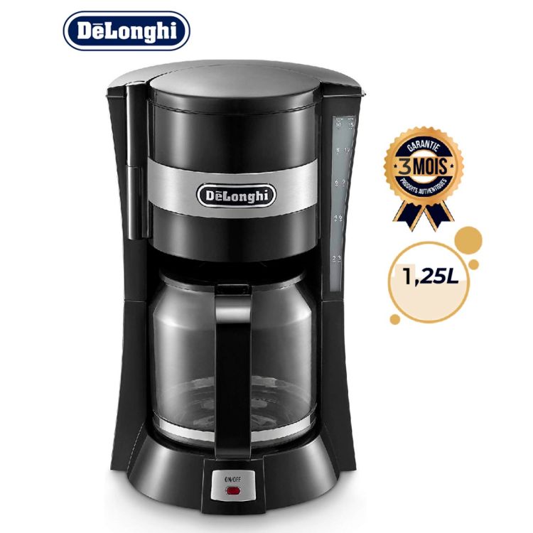 Cafetière Filtre DE’LONGHI 1,25L – ICM15211 - 900W - Fonction Maintien au Chaud - Arrêt Automatique - Système Anti-goutte - Verseuse en Verre - Noir - 3 mois