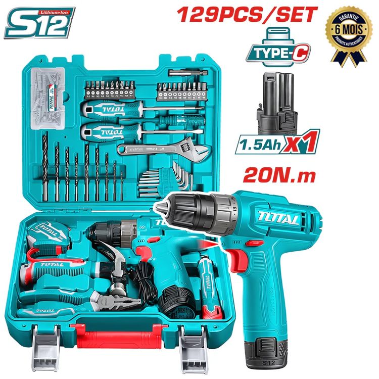 Caisse à outils - 129 pièces - TOTAL - THKTHP11292 - Perceuse sans fil 12V - Charge USB Type-C - Kit complet vissage et perçage - Garantie 6 mois