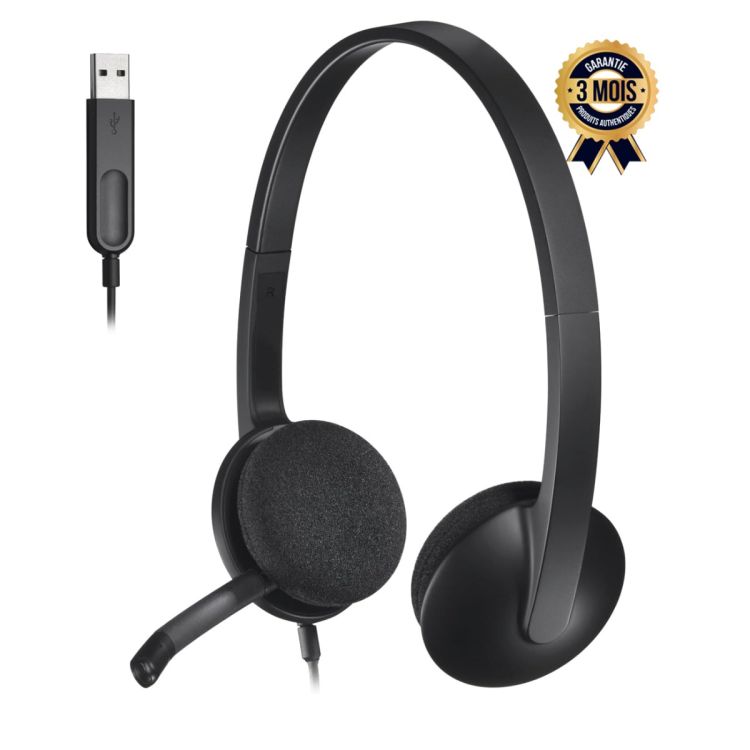 Casque-micro filaire USB - Logitech H340 - Plug & Play USB-A - Microphone à perche bi-directionnel avec réduction de bruit - Son stéréo numérique HD - Coussinets pivotants en mousse - Bandeau léger ajustable - Câble 1.8m - Garantie 3 mois