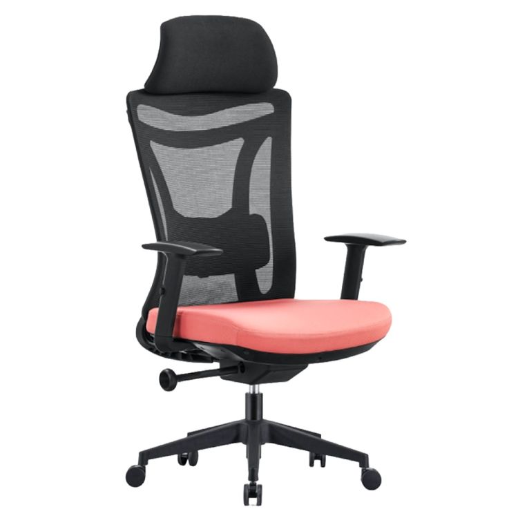 Chaise Ergonomique à Dossier Haut en Maille – Modèle FD-A285 –  Appui-tête & accoudoirs réglables, Soutien lombaire, Mécanisme à Bascule – Piètement avec roulettes – Noir & Corail