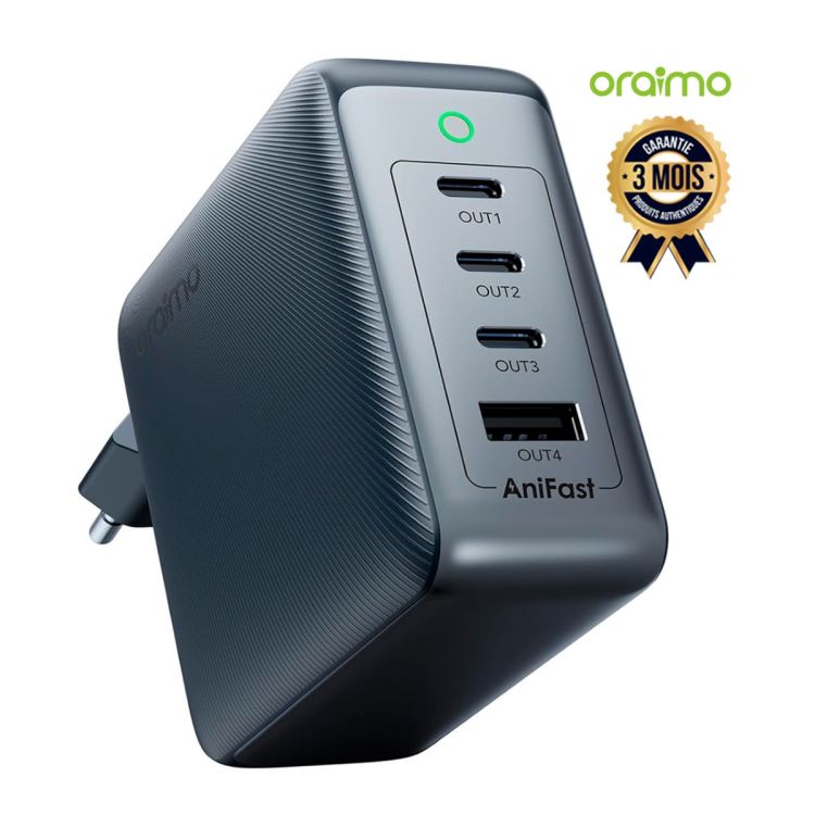 Chargeur ORAIMO HyperGaN C120F – 120W, 4 Ports USB A et USB C, noir, au prix Cameroun?