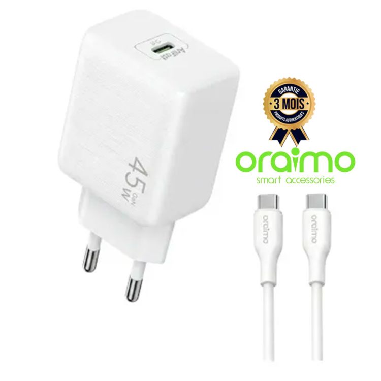 Chargeur rapide ORAIMO PowerGaN 451 - OCW-5451ECC -  45W - Port + Cordon Type-C - Garantie 03 Mois