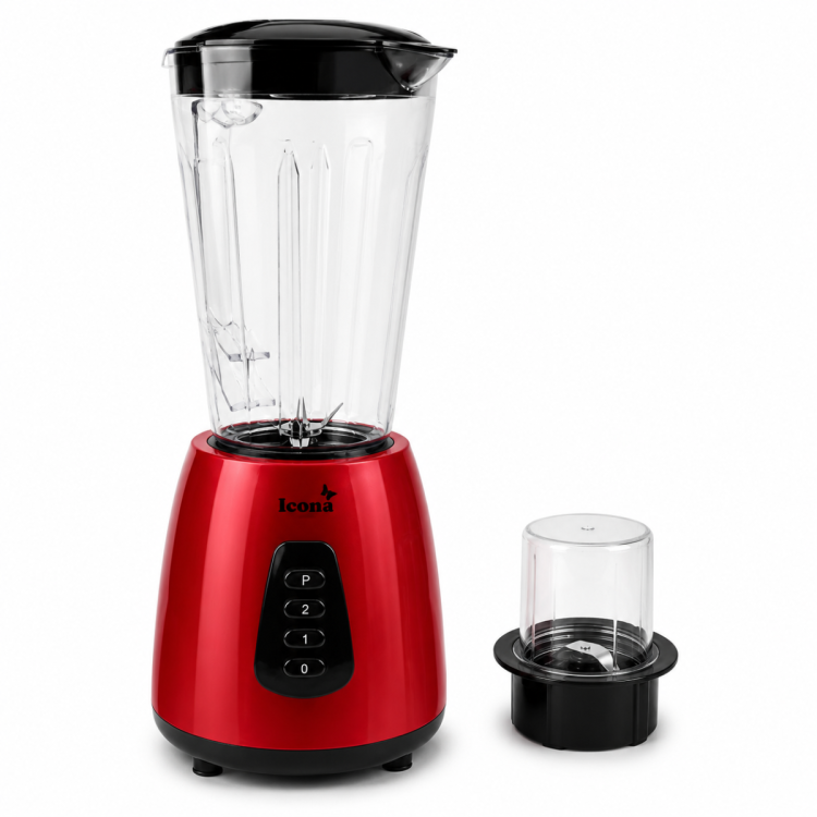 Blender 2-en-1 ICONA LONDON 300W -  ILB-800T - Mixeur 1,5L avec Moulin à Épices Inclus - 2 Vitesses + Fonction Pulse - Lames Inox - Bols Plastique - Blanc Crème/ Rouge - Garantie 3 mois
