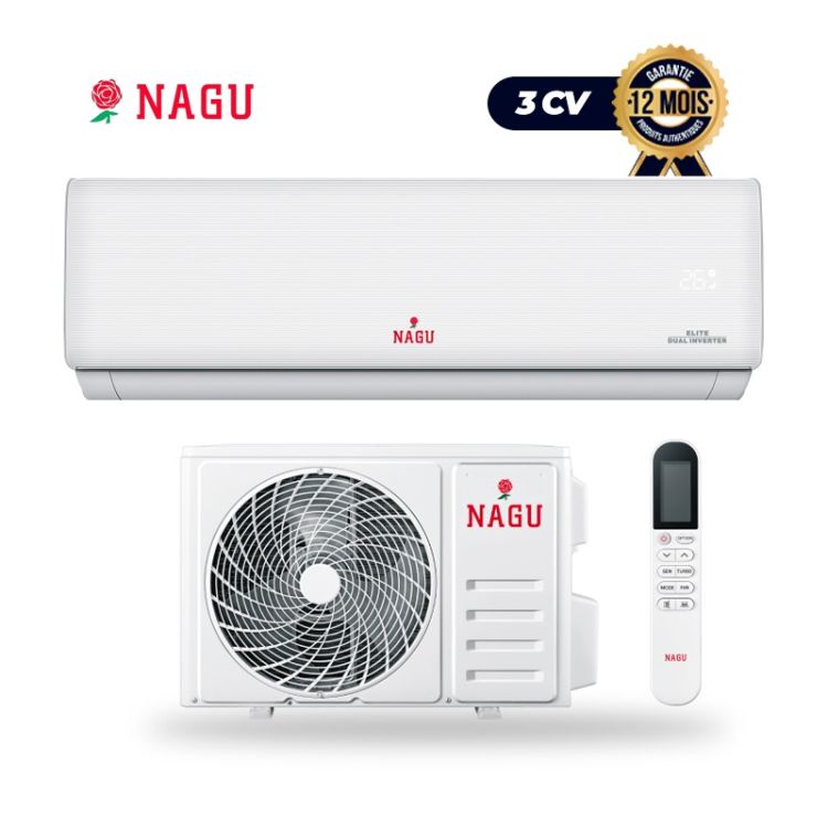 Climatiseur Split Mural NAGU 24INV - 3 CV (24000 BTU) -  Technologie Inverter - Surface recommandée 40 à 55 m² -  Télécommande -  Filtre Lavable - Blanc - Garantie 12 mois