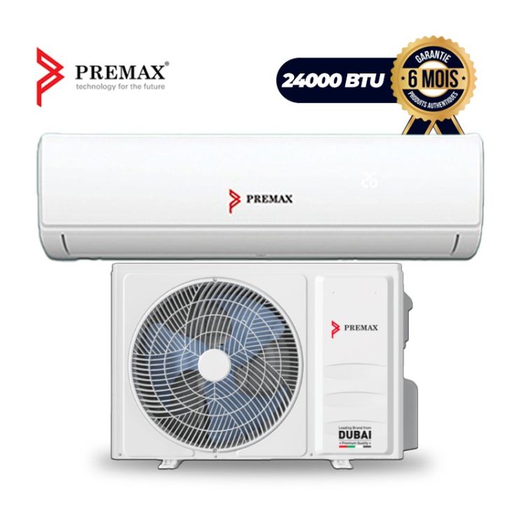 Climatiseur Split Mural PREMAX 3CV – PM-SAC24T1 – 24000 BTU – Compresseur Rotatif T1 – Réfrigérant R410A – 2 Filtres (Vitamine C + Charbon Actif) – Golden Fin – Garantie 6 Mois