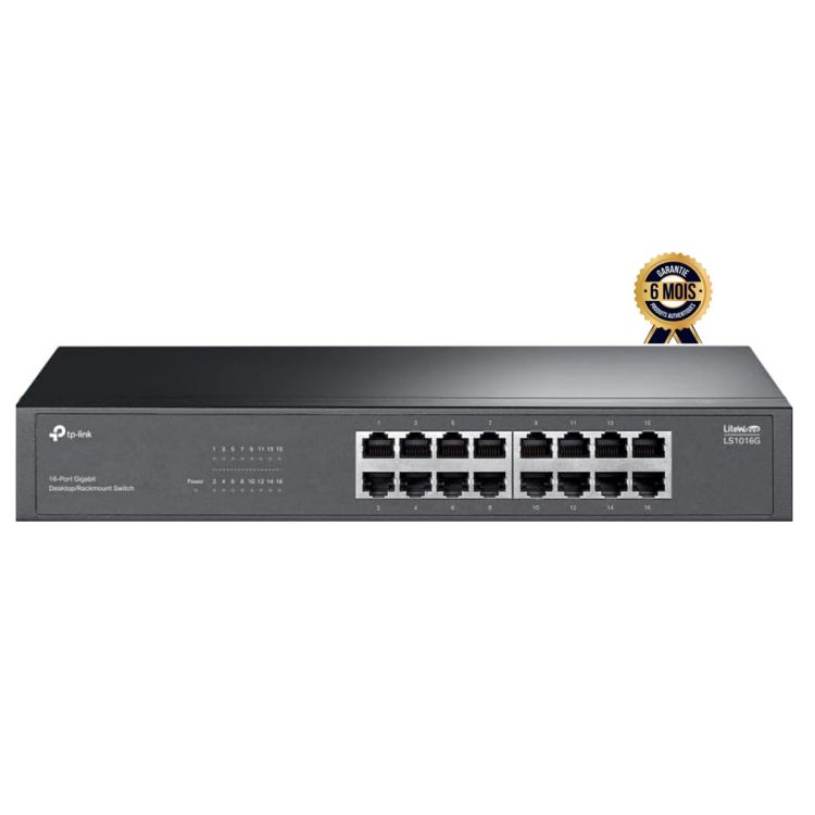 Switch / Commutateur Non Manageable - TP-Link - LS1016G - 16 Ports Gigabit - Capacité 32 Gbps - Boîtier Métallique - Fanless - Rackable - Garantie 06 Mois