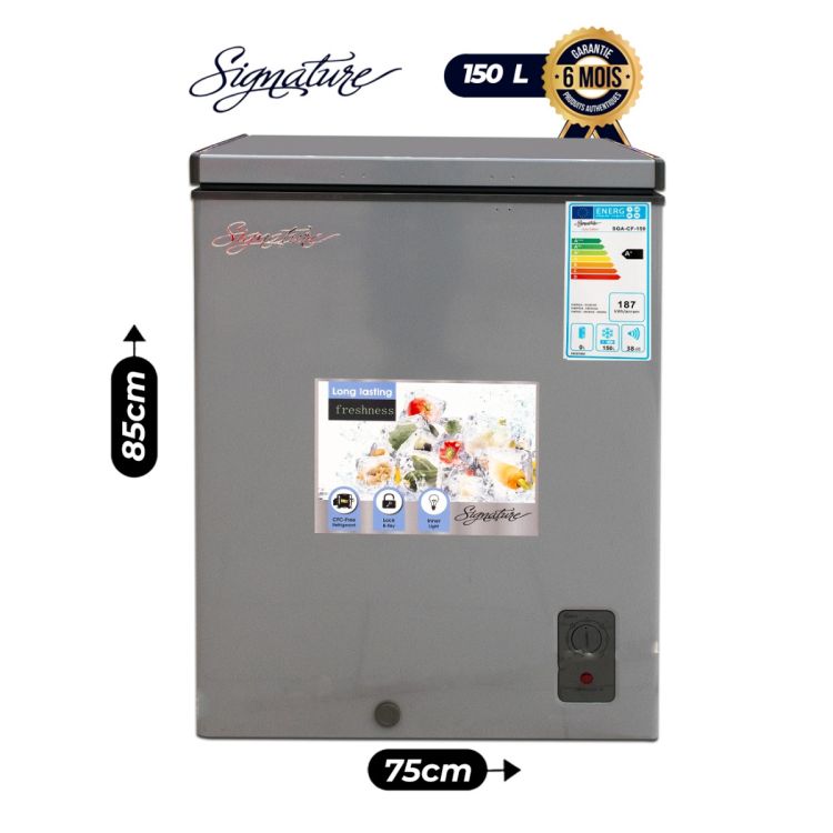 Congélateur coffre - SIGNATURE - SGA-CF150 - Capacité 150L - Classe Énergétique A+ - Serrure avec Clé - Éclairage LED Interne - Couleur Noir - Garantie 6 Mois