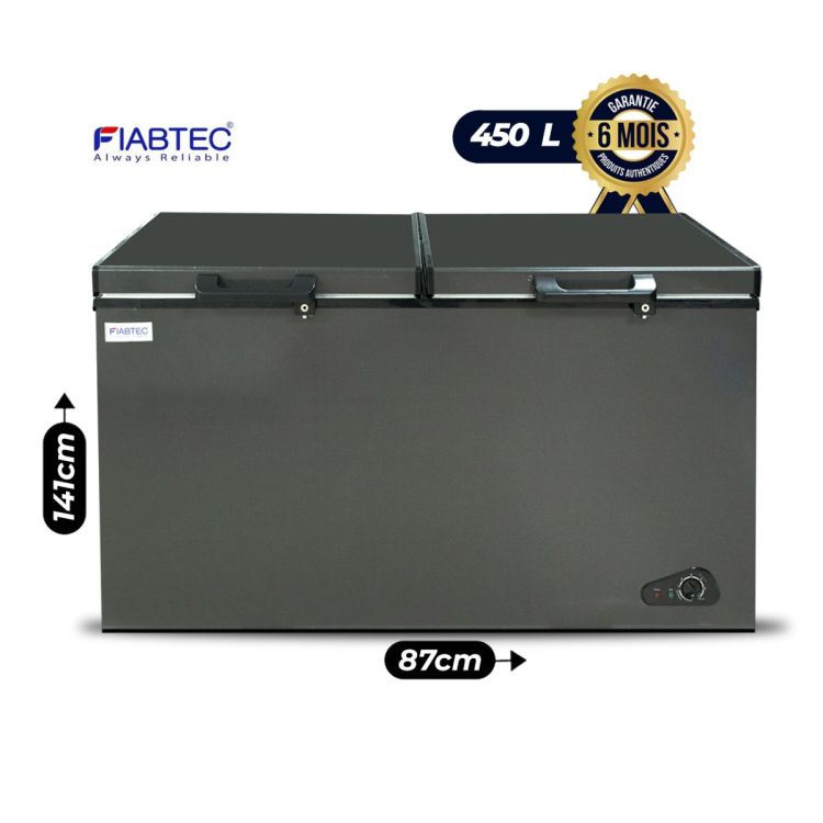 Congélateur Coffre FIABTEC 450 Litres, gris, avec deux couvercles et thermostat en façade, garantie 6 mois, prix Cameroun.