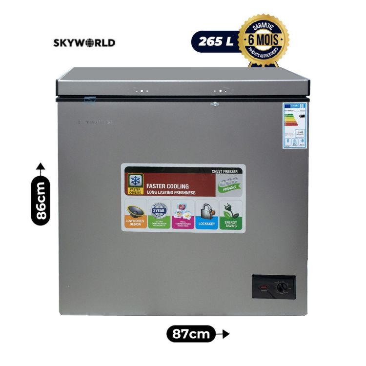 Congélateur Coffre Skyworld - BF265CF - 265 Litres - Classe A++ - Tropicalisé Classe T - Silencieux - Gris - Garantie 06 mois