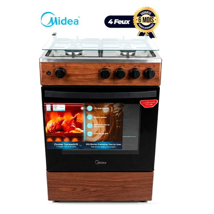 Cuisinière à gaz MIDEA MD608 4 feux - 60 x 60 - Motif Bois| Glotelho Cameroun