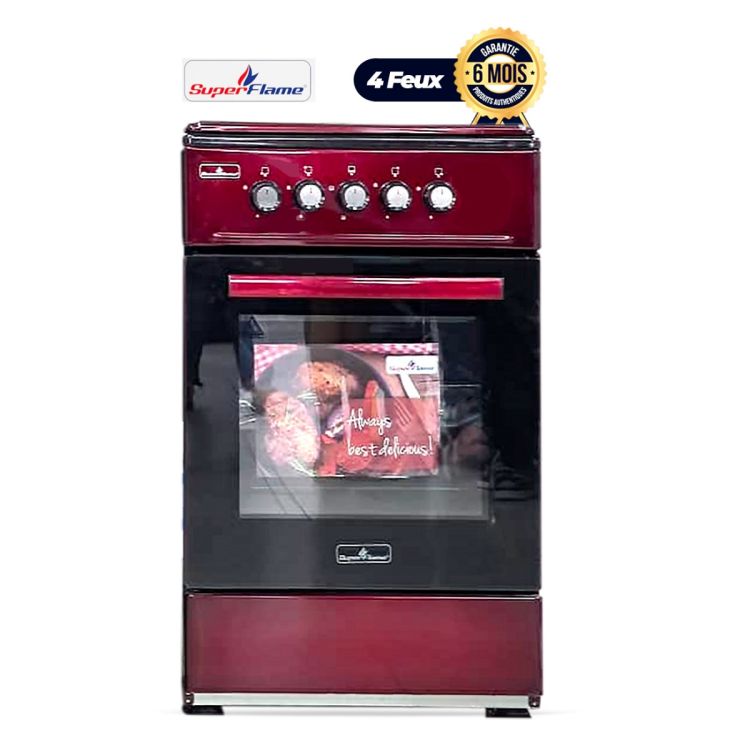 Cuisinière a Gaz Super Flame - SFK-5057-4G-BURGENDY - 4 Brûleurs - Dimensions 50x50 cm - Four Intégré - Puissance 9.05 kW - Coloris Bordeaux - Garantie 6 Mois