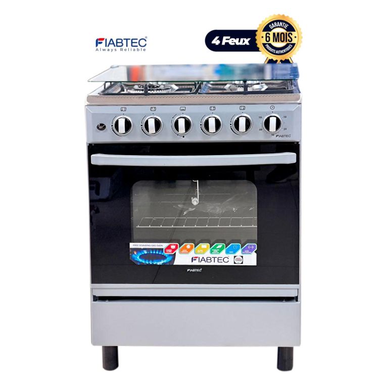 Cuisinière à Gaz - FIABTEC - FTGOX-6060 SILVER - 60 × 60 cm - 4 Feux - Four 72 Litres - Grill - Rôtissoire - Allumage Automatique - Garantie 6 Mois