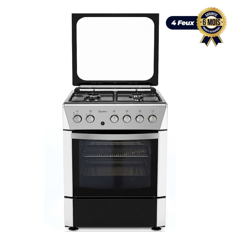 Cuisinière à gaz - SIGNATURE - SG.CUI.6601-G-IXGR-ARC - 4 Foyers - 60x60 cm - Table Inox - Allumage Automatique - Four à Gaz - Tournebroche - Grilles Fonte - Grise - Garantie 06 mois