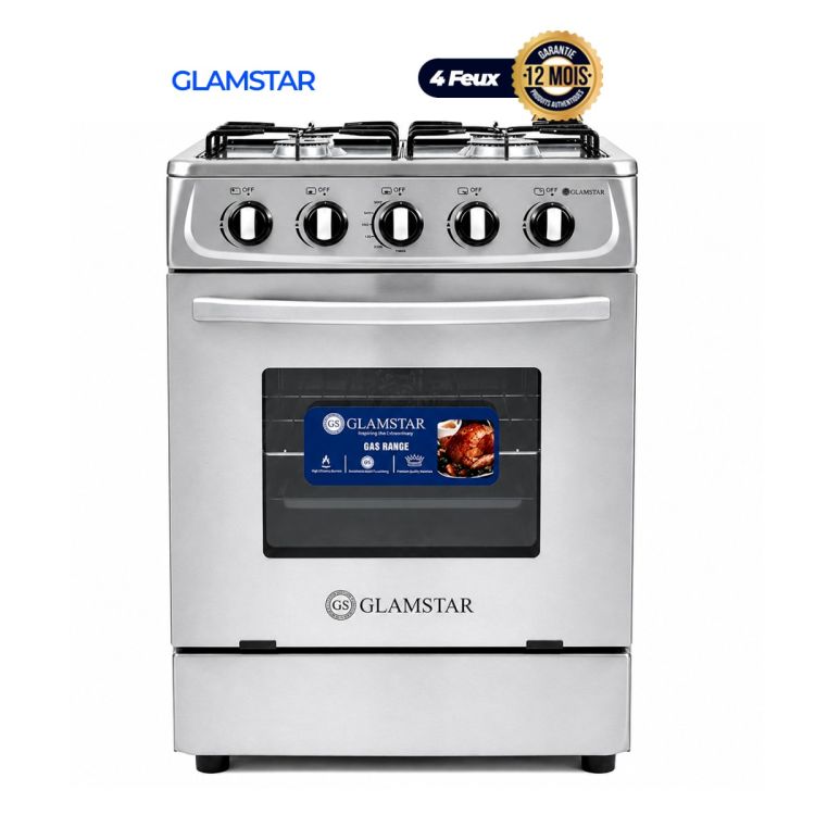 Cuisinière à Gaz Glamstar GGC-60G4-G(S) – 4 Feux – 60 × 60 cm  – Four à Gaz avec Grill – Allumage Automatique – Inox – Garantie 12 mois