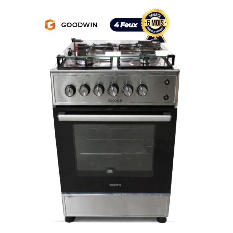 Cuisinière à Gaz GOODWIN 4 Feux, 60×60 cm – 100% Inox, couvercle en verre, four avec rôtisserie, garantie 6 mois, prix au Cameroun. 
