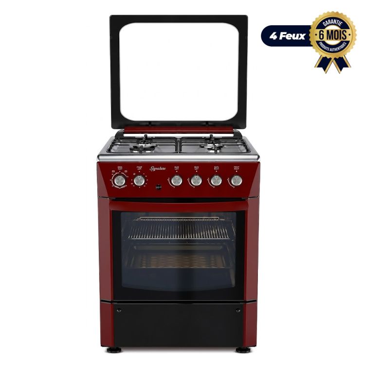 Cuisinière à gaz - SIGNATURE - SG.CUI.6601-G-IXRED-ARC - 4 Foyers - 60x60 cm - Table Inox - Allumage Automatique - Four à Gaz - Tournebroche - Grilles Fonte - Rouge - Garantie 06 mois