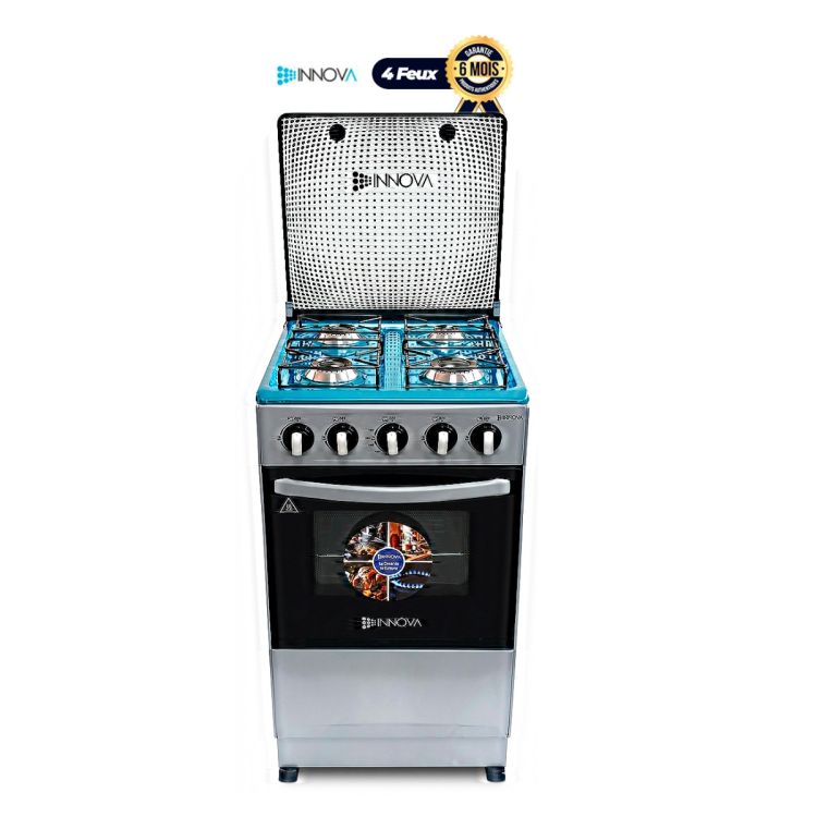 Cuisinière à gaz Innova IN5017 – 50×50 cm – 4 feux + four intégré – Allumage automatique – Vitre panoramique – Couvercle métallique – Tiroir de rangement – Finition inox – Garantie 6 mois