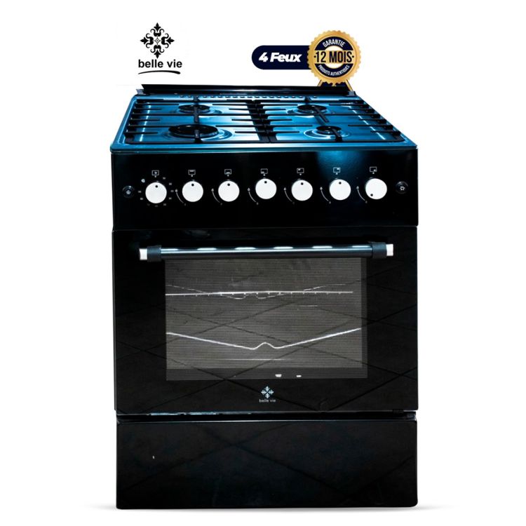 Cuisinière à Gaz BELLE VIE - F6B40G2-BL – 60x60 cm – 4 Foyers – Four Double Chauffe Haut et Bas – Gril & Tournebroche – Allumage Électrique – Minuterie – Noir – Garantie 12 Mois 