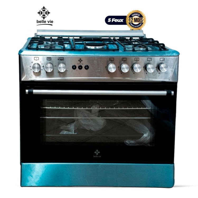 BELLE VIE Gas Stove, black and stainless steel, 90×60 cm, 5 burners, large gas oven with grill and rotisserie, 12-month warranty from Glotelho Cameroon. 