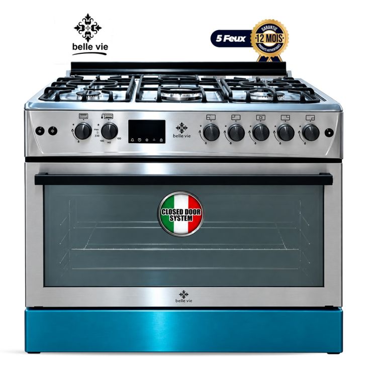 Cuisinière à Gaz BELLE VIE - F9P50GF-IX – 90×60 cm – 5 Foyers – Style TRENDY – Grand Four à Gaz avec Gril & Tournebroche – Inox – Garantie 12 Mois 