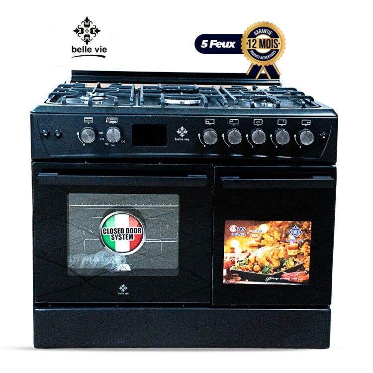 Cuisinière à Gaz BELLE VIE – F9P50GF-BL – 90×60 cm – 5 Foyers – Style TRENDY – Four à Gaz avec Gril & Tournebroche – Porte-Bouteille – Noir – Garantie 12mois 