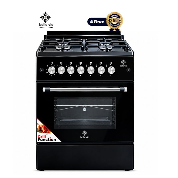 Cuisinière à Gaz BELLE VIE – F6B40G2-RD/IX Classic – 60x60 cm – 4 Foyers – Noir avec Table Inox – Four à Gaz Double Chauffe, Gril & Tournebroche – Minuterie – Allumage Électrique – Grilles en Fonte – Garantie 12 mois