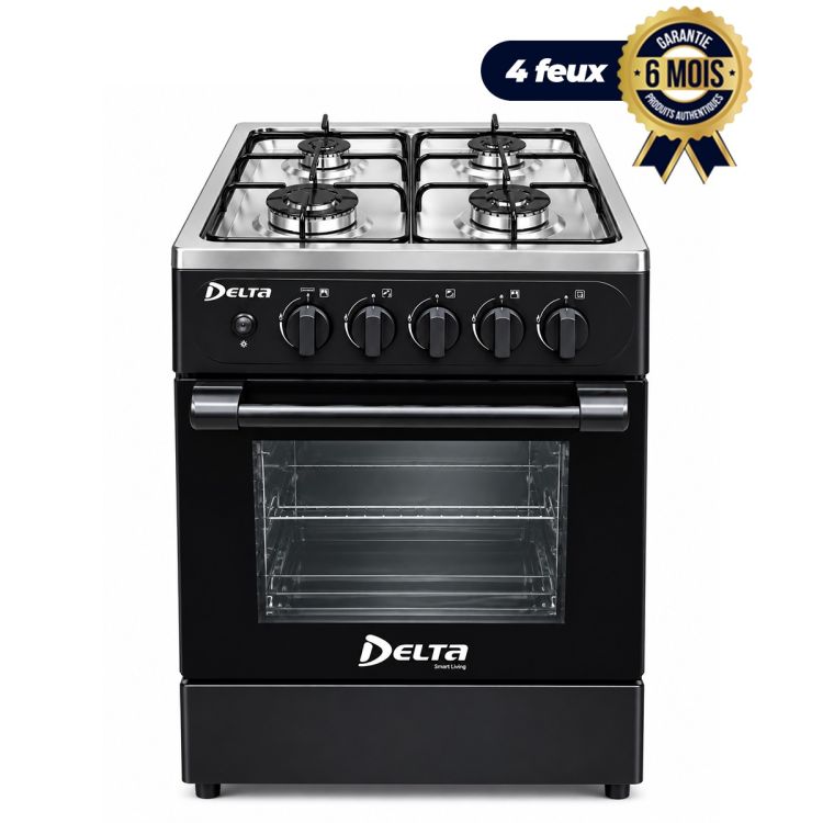 Cuisinière à Gaz DELTA FGC-5050-BL-M – 50x50 cm, 4 Foyers - Allumage Automatique - Four & Gril - Plateau Inclus – Noir – Garantie 6 Mois
