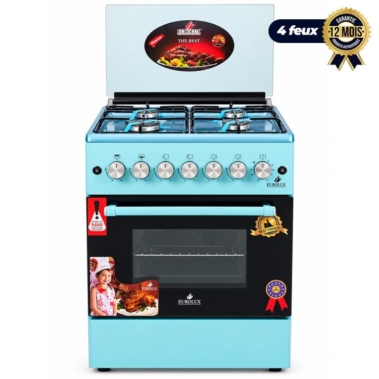 Cuisinière à Gaz Eurolux – EUR.Simple – 4 Feux – 60x60 cm – Four avec Gril & Tournebroche – Allumage Électrique – Inox & Bleu – Garantie 6 Mois