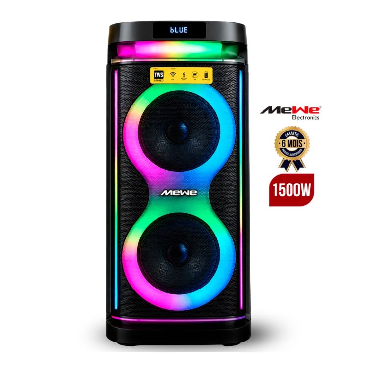 Enceinte de Soirée Rechargeable MEWE MWAUD-PTS1001 – 1500W PMPO – Double Woofer 10" - Bluetooth - Entrées Guitare, USB, TF, AUX, Micro - Jeux de Lumière LED - Télécommande - Garantie 6 Mois