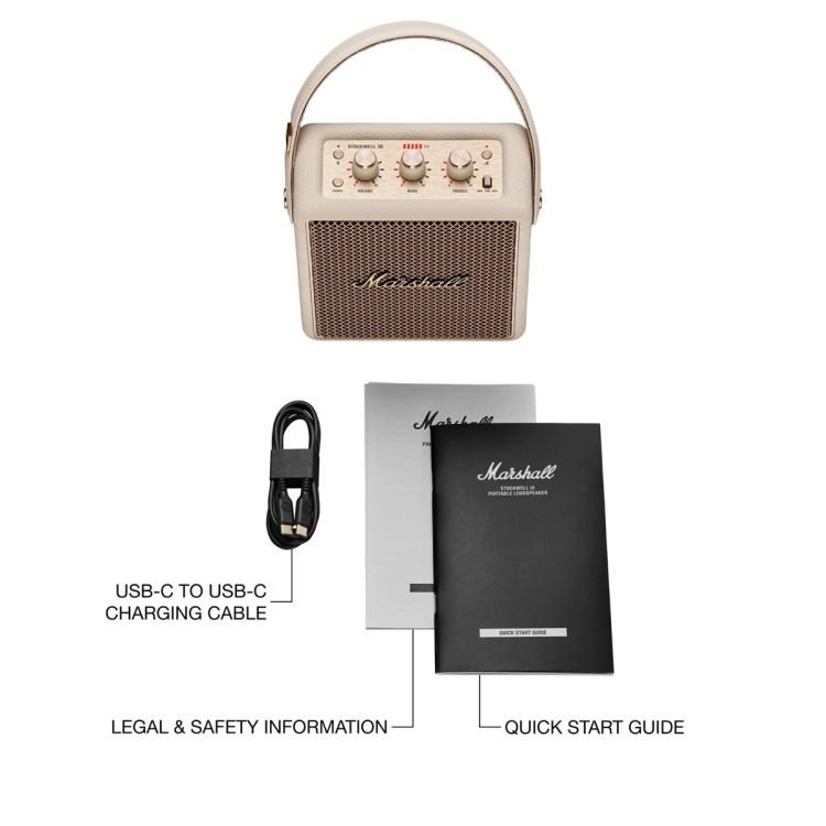 Enceinte Bluetooth Marshall Stockwell III, couleur crème, avec sangle de transport, cordon USB-C - prix Cameroun. 