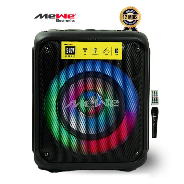 Enceinte de fête MEWE MWAUD‑PTS0803SG – 45W (540W max) – Portable et Rechargeable – Avec Micro – Bluetooth – USB – Radio FM – Garantie 12 mois