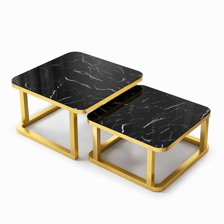Ensemble de 2 Tables Basses Gigognes - Structure Moderne en Acier Allié - Finition Noir et Or - Dimensions 70x45cm et 60x60cm 