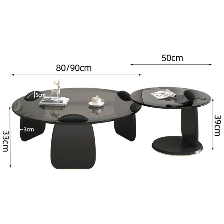 Ensemble de 2 tables basses rondes avec plateaux en verre, cadres en bois MDF, noir, prix Cameroun.