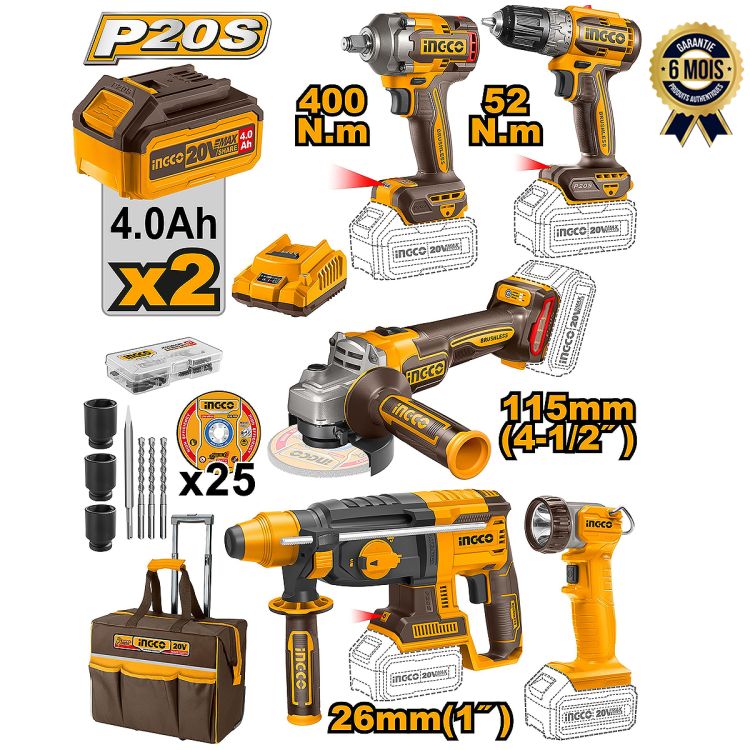Ensemble de 5 outils sans fil - INGCO CKLI2058 - Avec accessoires, 2 batteries 20 V + 1 chargeur - 6 Mois - (Prix en fcfa) | Glotelho Cameroun