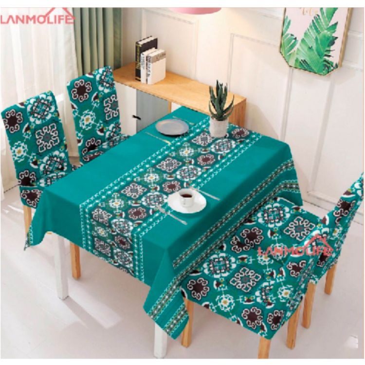 Ensemble de 6 housses de chaises + une nappe de table de salle à manger en polyester -  152cm × 228cm - Bleu Clair