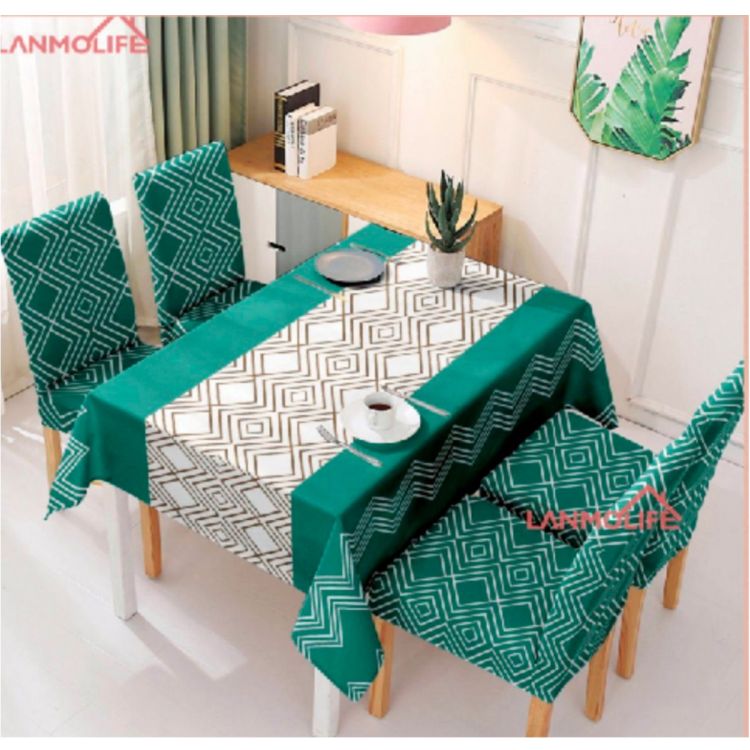 Ensemble de 6 housses de chaises + une nappe de table de salle à manger en polyester -  152cm × 228cm - Motif en Losange - Vert et Blanc