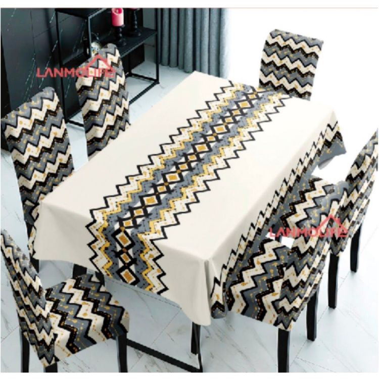 Ensemble de 6 housses de chaises + une nappe de table de salle à manger en polyester - 152cm × 228cm - Motif Afro multicolore