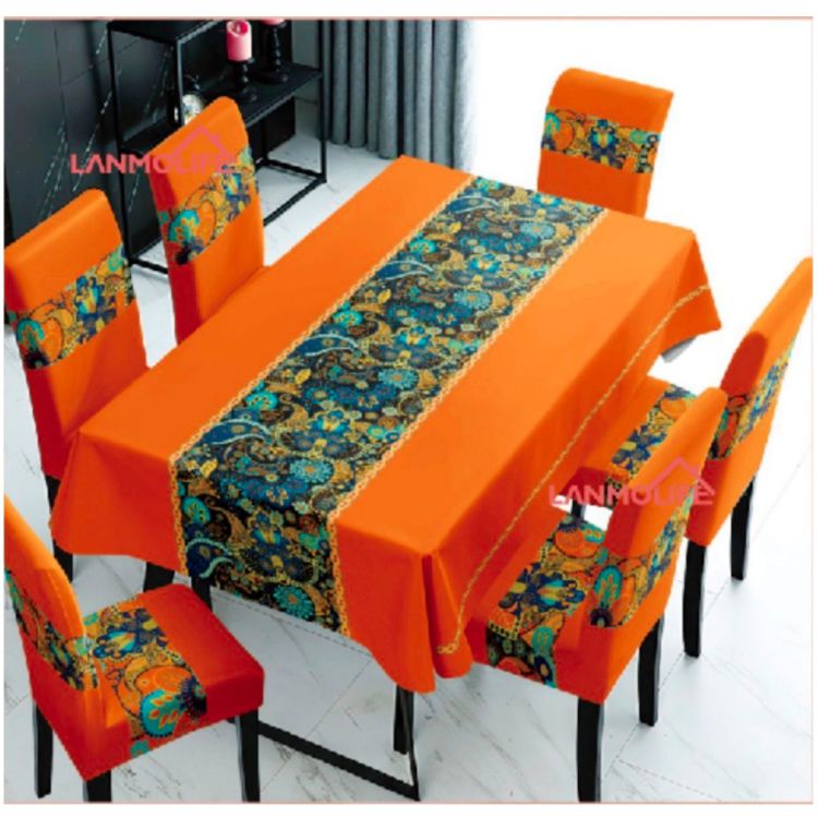 Ensemble de 6 housses de chaises + une nappe de table de salle à manger en polyester - 152cm × 228cm - Couleur Orange